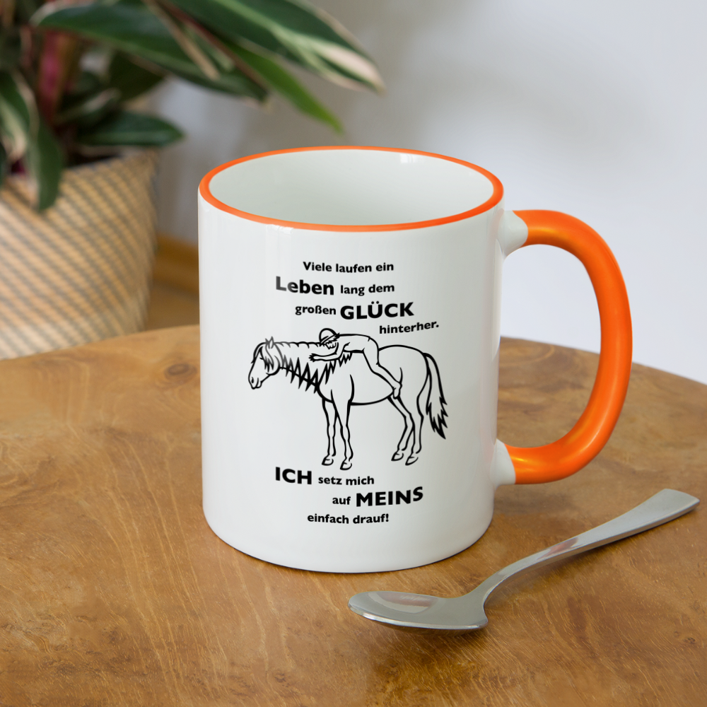 "Auf Pferd & Glück sitzen" Grafik-Stil - Tasse zweifarbig - Weiß/Orange