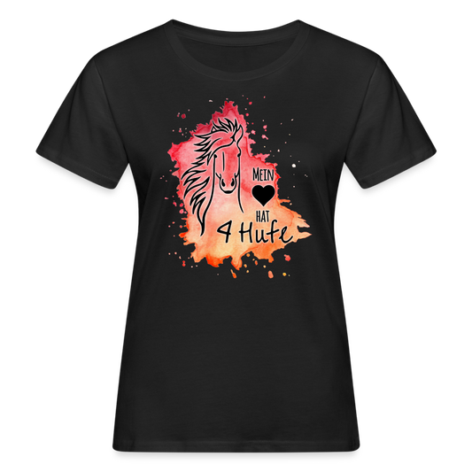 "Mein Herz hat 4 Hufe" Aquarell-Stil - Frauen Bio-T-Shirt - Schwarz